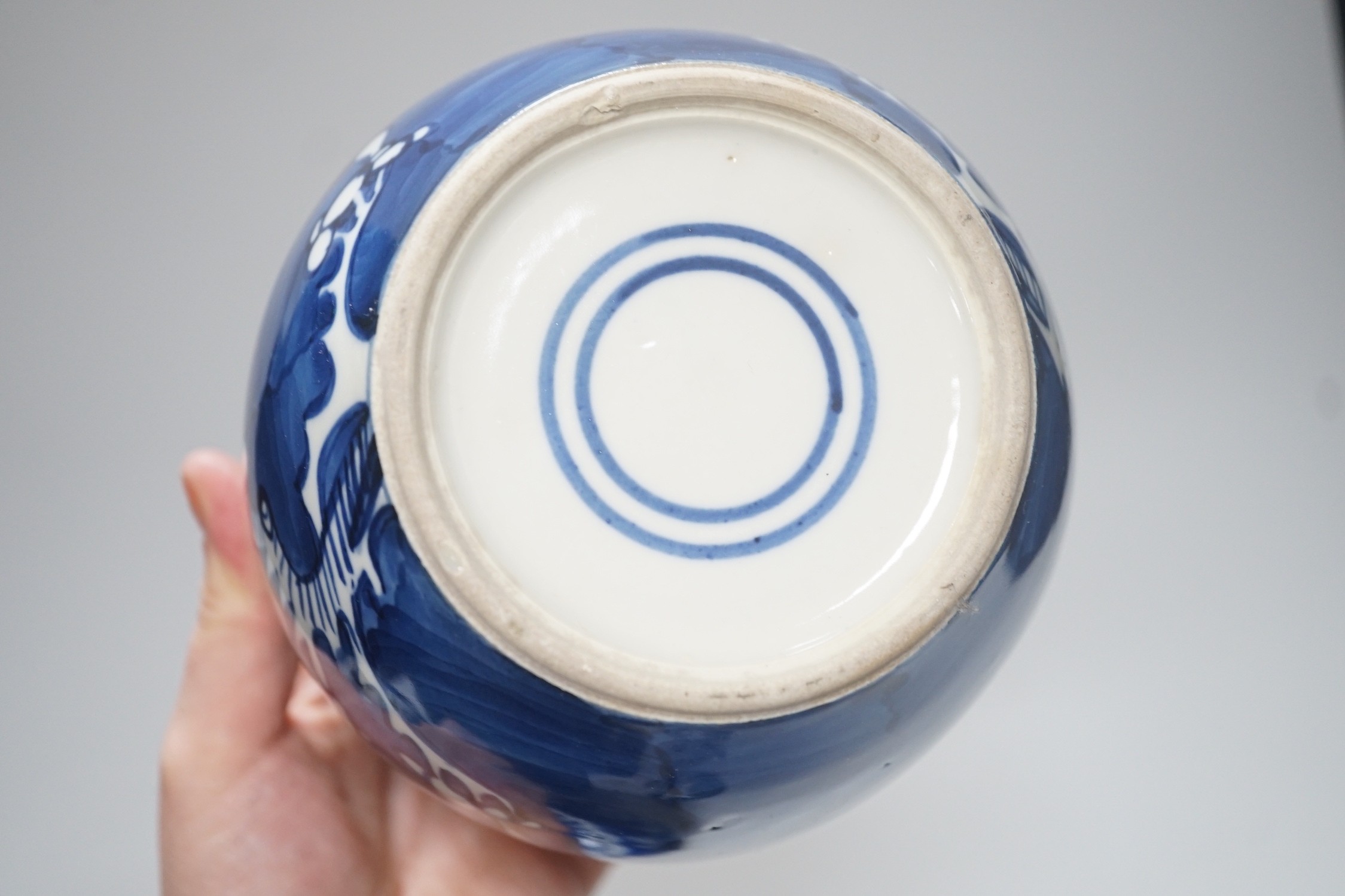 Three Chinese blue and white prunus jars, late 19th / early 20th century, tallest 16cm